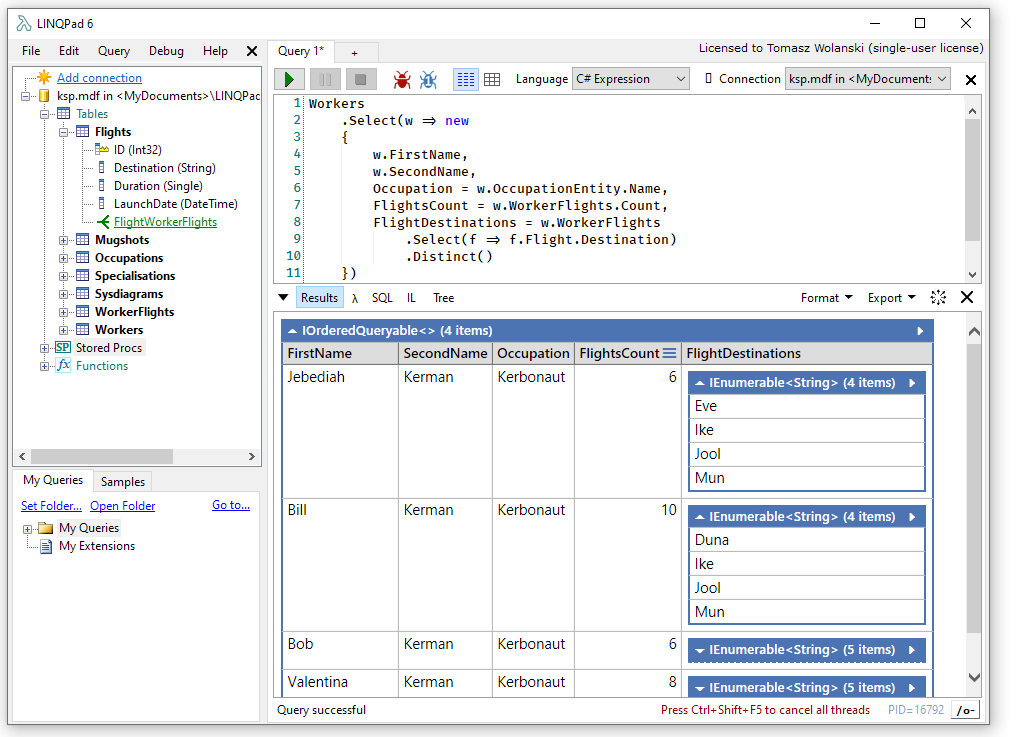 Sample query code with the results